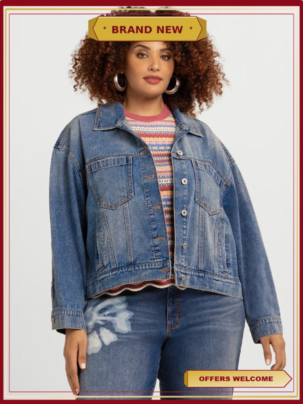 Plus Size Swing Denim Jacket Button Front Back Pleat Layering